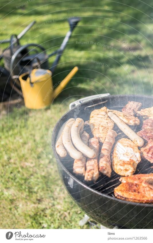 Grillsaison Feste & Feiern Essen Grillen Natur Sommer Garten Wiese warten Freizeit & Hobby Gießkanne Wurstwaren Fleisch Außenaufnahme Menschenleer lecker