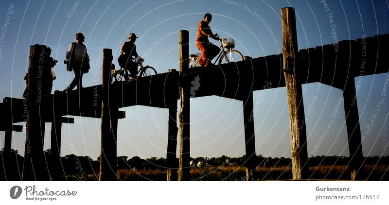 Tour de Burma Myanmar Mandalay Teak Holz Holzbrücke Asien Abenddämmerung Feierabend Baum Fahrrad Birmane Tourist Brücke Mensch u-bein taunghtaman Pfosten