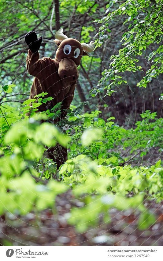 Hallo Mensch! Kunst Kunstwerk ästhetisch Elch Elchkuh Elchbulle Wald Waldlichtung Waldrand Waldpflanze grün Kostüm Karnevalskostüm Unsinn verkleiden Freude