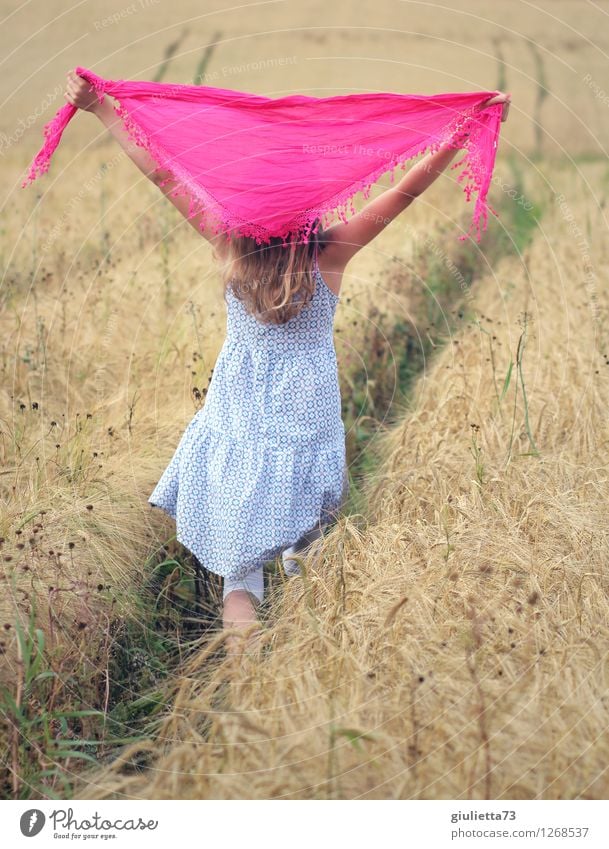 Happy Freizeit & Hobby Spielen Sommerferien Mensch feminin Kind Mädchen Kindheit Leben 1 8-13 Jahre Natur Getreidefeld Kornfeld Feld Kleid Kopftuch Tuch blond