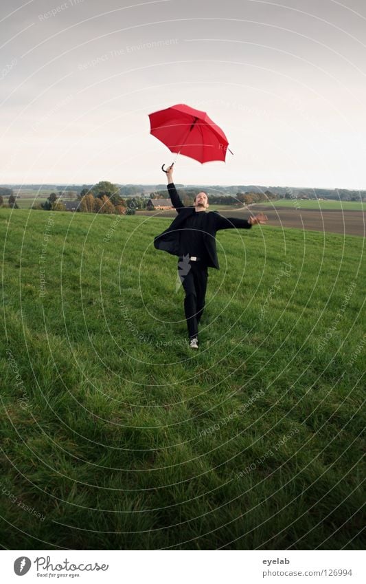 Eiernacken (2) Mann Regenschirm Feld Landwirtschaft Wiese Ebene Anzug grün rot schwarz Kerl Grimasse Akrobatik Kunst Horizont Zirkus improvisieren Tanzen