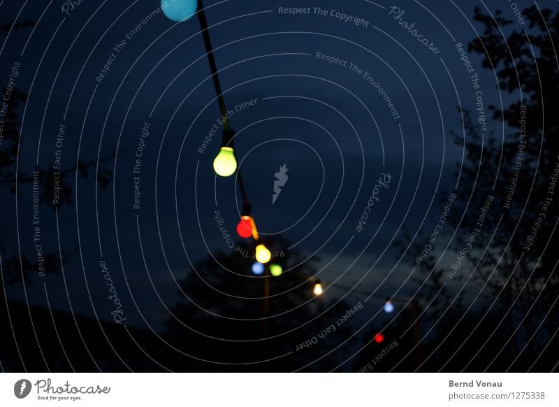 Feierlaune Freude Party blau orange schwarz dunkel Lampion Lichterkette Glühbirne Elektrizität Farbfoto Außenaufnahme Menschenleer Textfreiraum links