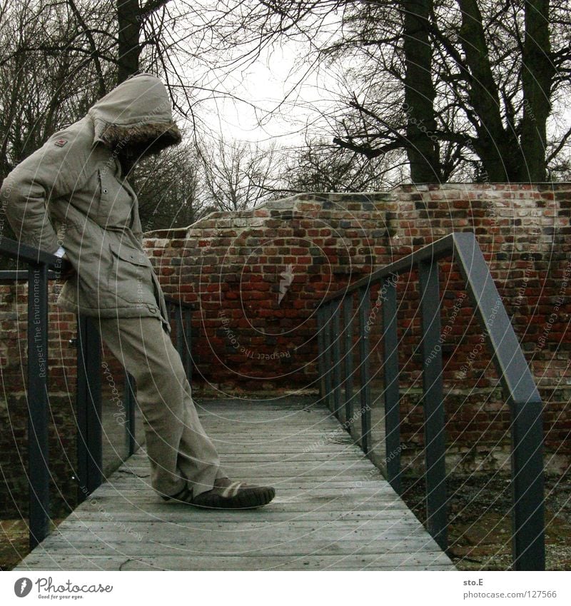 last man standing Kerl Körperhaltung Steg Holz Wand Mauer Backstein verloren Verfall Baum Pflanze dunkel Sträucher Wald abstützen Mütze Jacke grau Osten