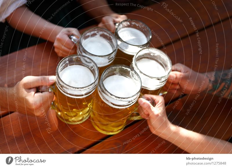 People drinking beer in a Bavarian beer garden Getränk schön Party Oktoberfest Feierabend Familie & Verwandtschaft Hand Feste & Feiern trinken work colleagues