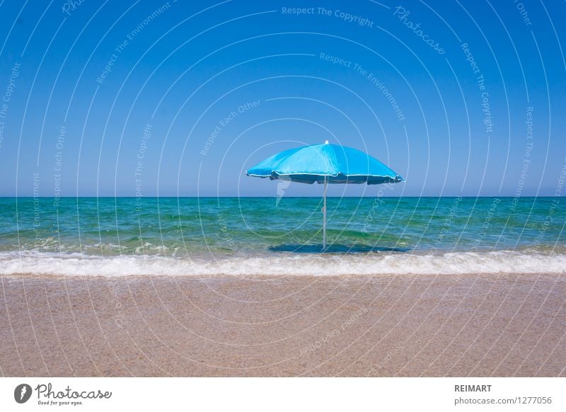 Sonnenschirm am Strand Landschaft Sand Wasser Küste Menschenleer Schwimmen & Baden träumen fantastisch Wärme blau Vorfreude Sardinien Außenaufnahme