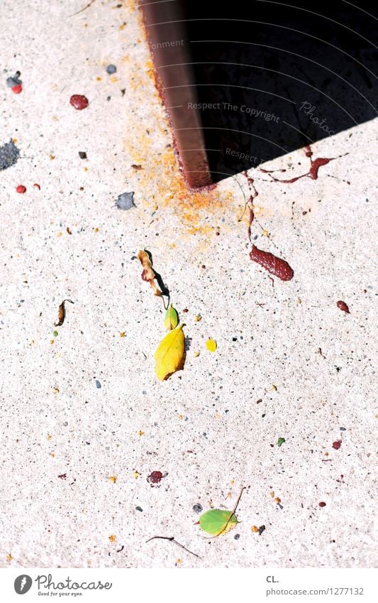 kleinigkeiten Blatt Farben und Lacke Tropfen Boden Stein Metall mehrfarbig Farbfoto Außenaufnahme Nahaufnahme Menschenleer Tag Licht Schatten Sonnenlicht