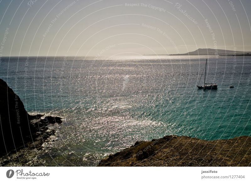 Meerblick Insel Landschaft Wasser Wolkenloser Himmel Sonnenlicht Sommer Schönes Wetter Felsen Küste Bucht Segelboot Segelschiff Wasserfahrzeug Fernweh Atlantik