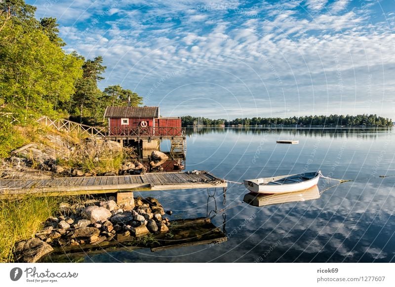 Schären an der schwedischen Küste Erholung Ferien & Urlaub & Reisen Tourismus Insel Natur Landschaft Wolken Baum Ostsee Wasserfahrzeug blau grün Schweden