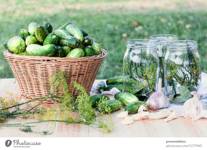 Vorbereiten der Bestandteile für in Essig einlegende Gurken Gemüse Kräuter & Gewürze Vegetarische Ernährung Garten frisch natürlich grün Korb konserviert