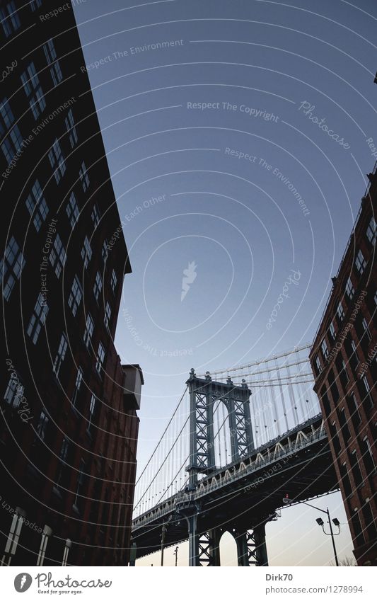 Manhattan Bridge, klassische Perspektive Tourismus Städtereise Güterverkehr & Logistik Wolkenloser Himmel Sommer Schönes Wetter Menschenleer Fabrik Brücke