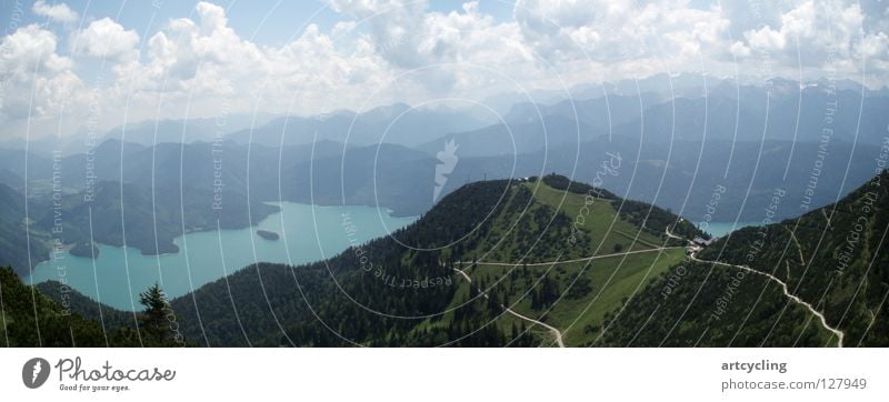 Walchensee Panorama Panorama (Aussicht) Herzogstand wandern Wolken Sommer Berge u. Gebirge Blauer Himmel groß