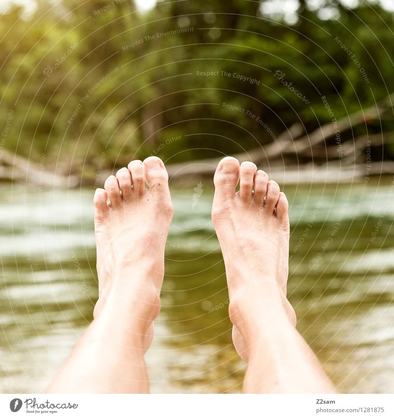 Männerfüße Lifestyle Stil schön Pediküre Mensch maskulin Junger Mann Jugendliche Beine 18-30 Jahre Erwachsene Natur Schönes Wetter Sträucher Seeufer Flussufer