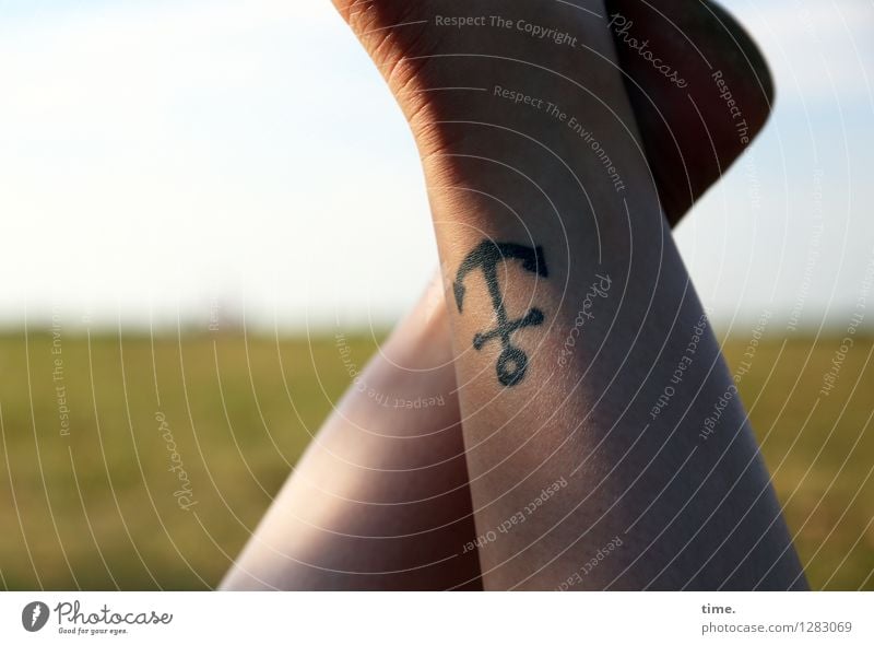 Im Herzen Hamburch feminin Haut Beine Fuß 1 Mensch Himmel Horizont Schönes Wetter Wiese Anker Tattoo genießen hängen Zufriedenheit Lebensfreude Bewegung Design