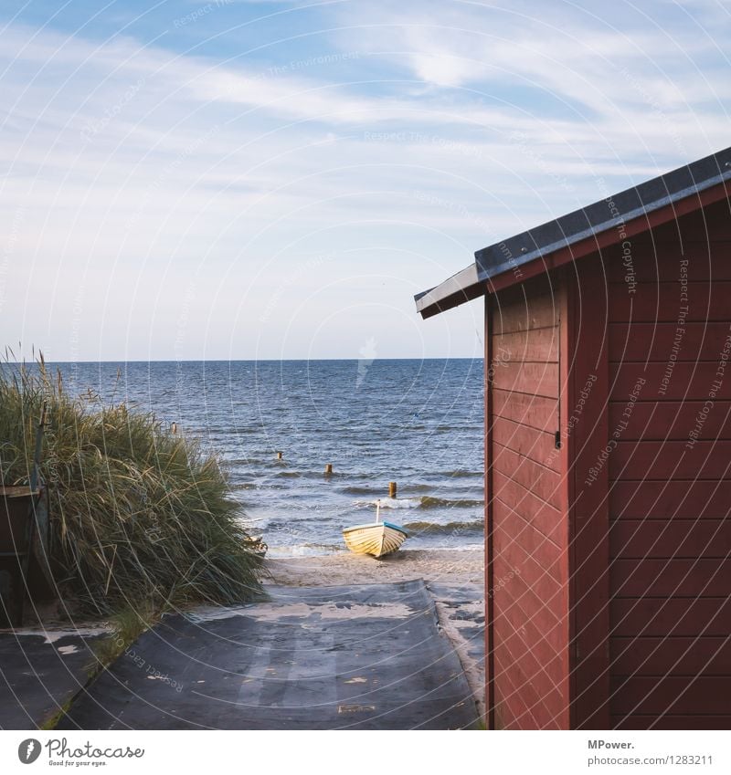 fischersfritzesfischershus Umwelt Natur Landschaft Himmel Horizont Sommer Hafen Bauwerk Fischerboot Ostsee Strand Düne Wellen Fischerdorf Holzhaus rot Meer