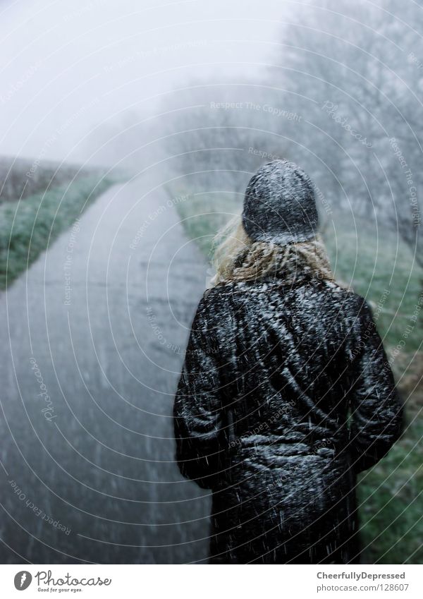 Girl walks alone Frau Unwetter Nebel kalt Wollmütze Winter Zukunft Einsamkeit Außenaufnahme Leben Schnee Wege & Pfade Straße Amerika Snow Woman Fog Cold