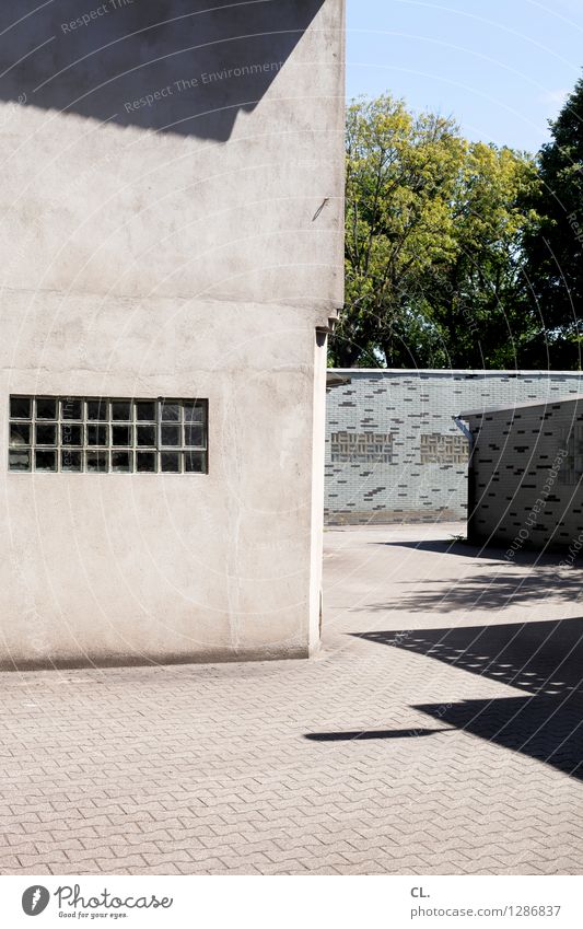 hinterhof Wolkenloser Himmel Schönes Wetter Baum Menschenleer Haus Platz Gebäude Architektur Garage Mauer Wand Fenster eckig trist blau grau grün komplex