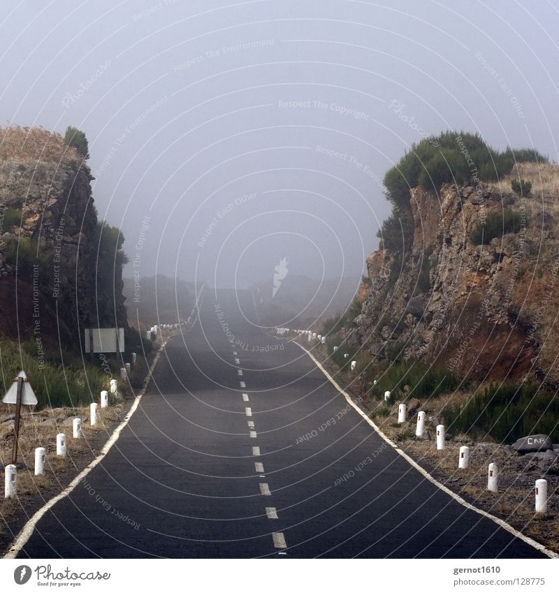 Durchbruch geradeaus Teer Fahrbahn Horizont Nebel Durchgang Unendlichkeit grau schwarz weiß braun Hochebene ungewiss Neugier entdecken Suche finden träumen