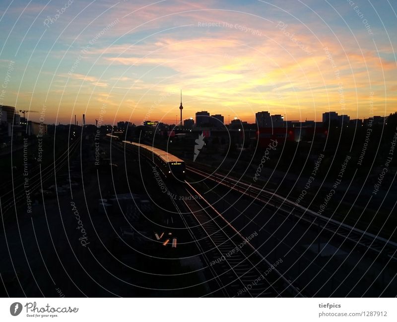 Berlin sunset Fluss Skyline Hochhaus Brücke Turm Sehenswürdigkeit Verkehrsmittel Öffentlicher Personennahverkehr Eisenbahn Hochbahn S-Bahn U-Bahn Gleise