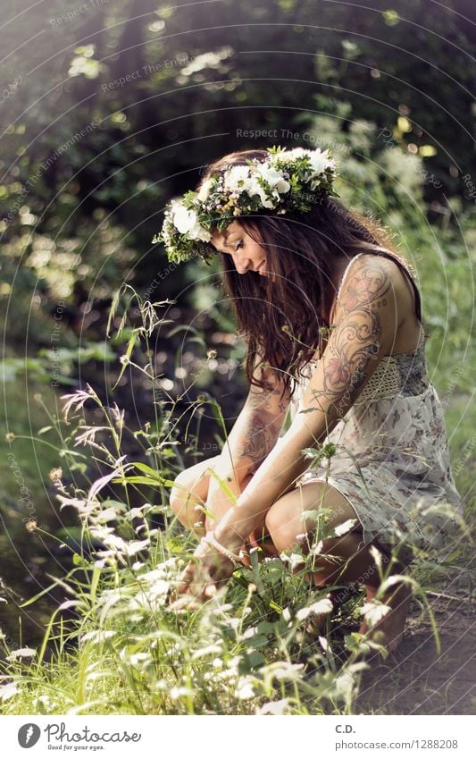 Maike Junge Frau Jugendliche 13-18 Jahre Kind Natur Sonnenlicht Schönes Wetter Blume Gras Sträucher Wald Flussufer Kleid Blumenkranz brünett langhaarig Duft