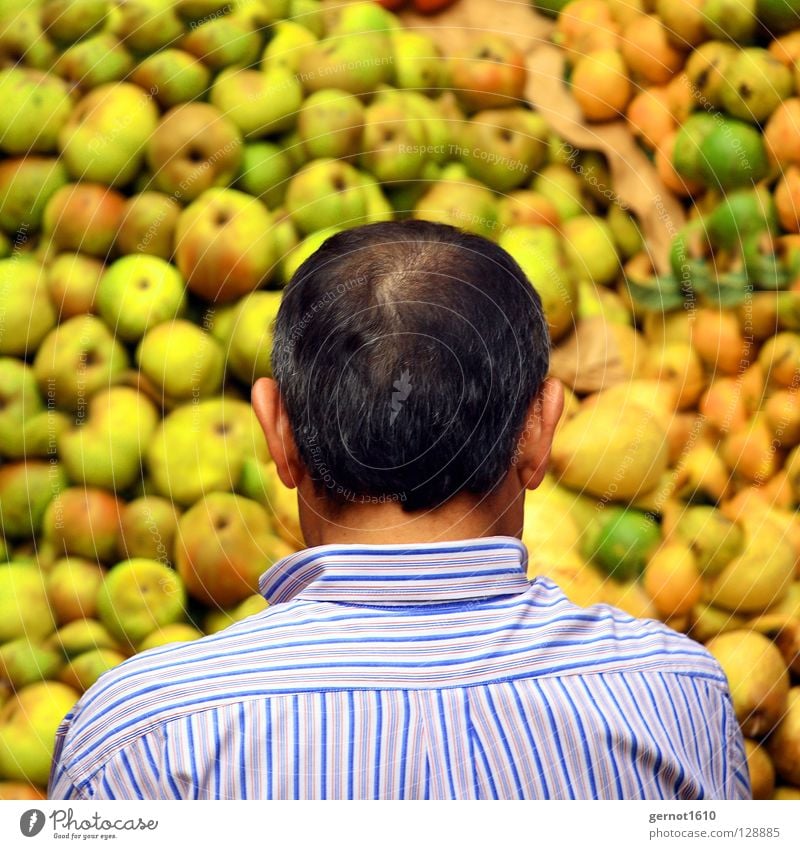 Was nehm ich nur? Mann Hemd gestreift grün gelb braun schwarz Blick sortieren Suche finden Auswahl mehrere Naturprodukt Landwirtschaft Kunde verkaufen Frucht