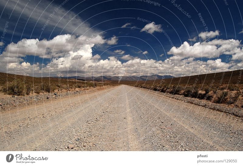 región salvaje Autobahn Wolken Schotterweg Wildnis Unendlichkeit ruhig Einsamkeit Staub Argentinien Sträucher fahren Rauschen wandern Physik schön braun