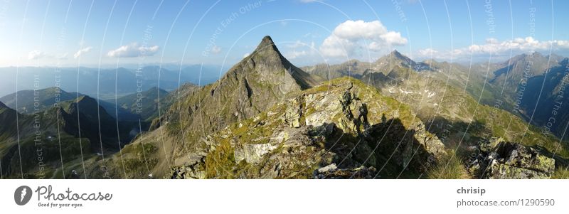 Berg Panorama Umwelt Natur Landschaft Himmel Wolken Horizont Schönes Wetter Felsen Alpen Berge u. Gebirge Gipfel Ferne gigantisch hoch natürlich Gefühle Freude