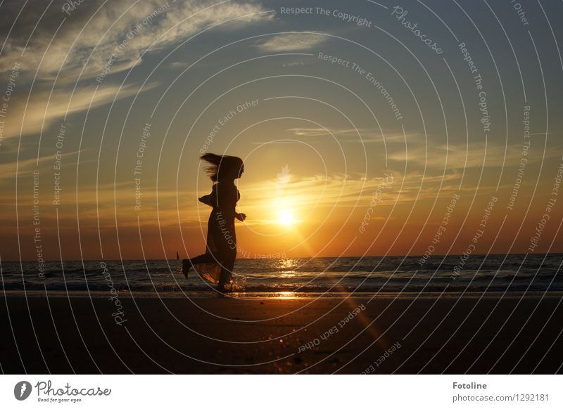 Bevor die Sonne weg ist! Mensch feminin Junge Frau Jugendliche 1 Umwelt Natur Landschaft Himmel Wolken Sommer Schönes Wetter Küste Strand Nordsee Meer nass