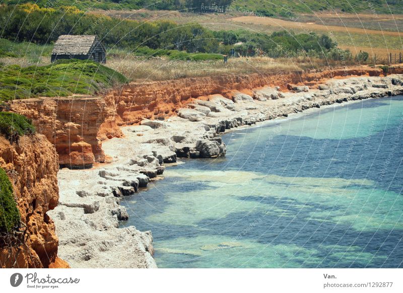 Haus am Meer Natur Landschaft Urelemente Wasser Sommer Sträucher Felsen Küste Bucht Mittelmeer Hütte blau türkis Farbfoto mehrfarbig Außenaufnahme Menschenleer