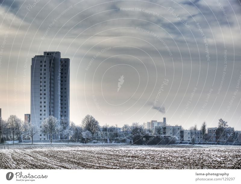 Suburbia Hochhaus Haus Wohngebiet Neubaugebiet Stadt Dorf Wohnsiedlung Plattenbau Wohnung Stadtrand Wohnanlage Hotel Heimat Feld Baum Park Winter kalt Eis