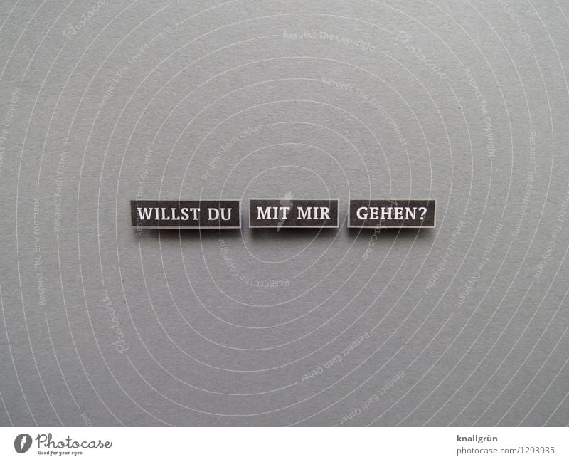 WILLST DU MIT MIR GEHEN? Schriftzeichen Schilder & Markierungen Kommunizieren eckig grau schwarz weiß Gefühle Glück Sympathie Zusammensein Liebe Verliebtheit