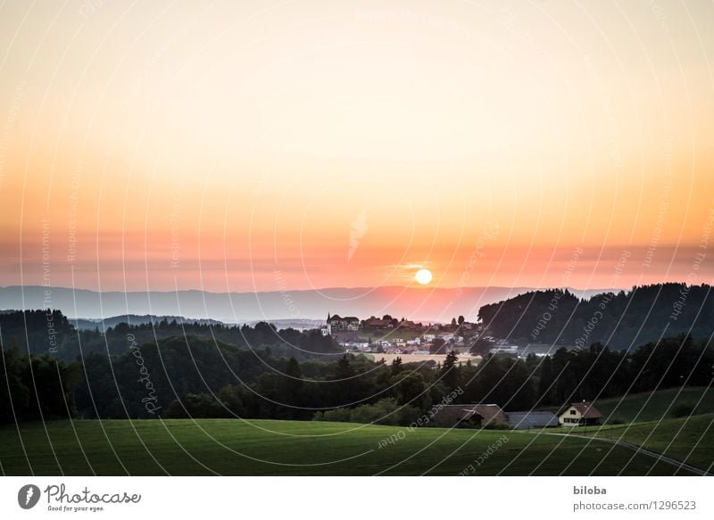 Am Ende eines langen Tages Himmel Horizont Sonnenaufgang Sonnenuntergang Sonnenlicht Sommer Herbst Wald Hügel Dorf Gefühle Stimmung Gelassenheit ruhig Hoffnung