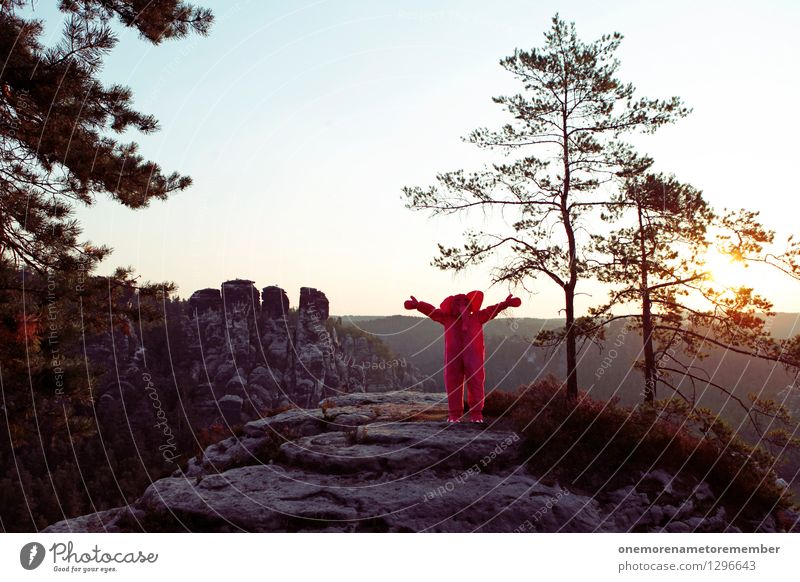 naturverbunden Kunst Kunstwerk ästhetisch Elefant Umarmen Liebe Kuscheln Felsen Sächsische Schweiz Sonnenaufgang Baum Kostüm Karneval Schönes Wetter rosa