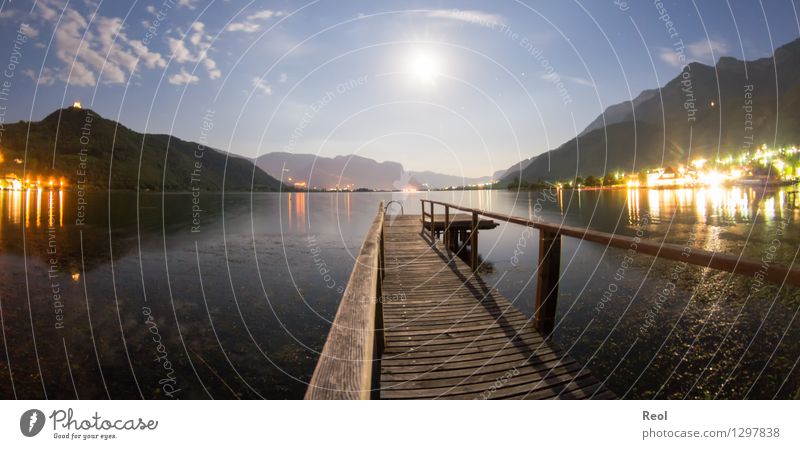 Steg im Mondschein Ferien & Urlaub & Reisen Tourismus Ausflug Ferne Natur Landschaft Himmel Wolken Nachthimmel Vollmond Sommer Schönes Wetter Hügel See