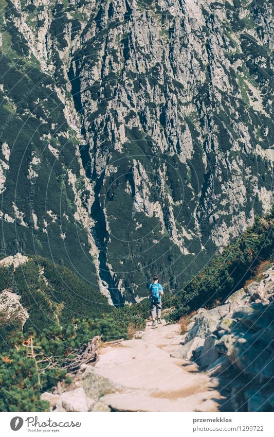 Junge, der hinunter die Berge geht Lifestyle Ausflug Abenteuer Freiheit Sommer Berge u. Gebirge Junger Mann Jugendliche 1 Mensch 13-18 Jahre Natur Landschaft