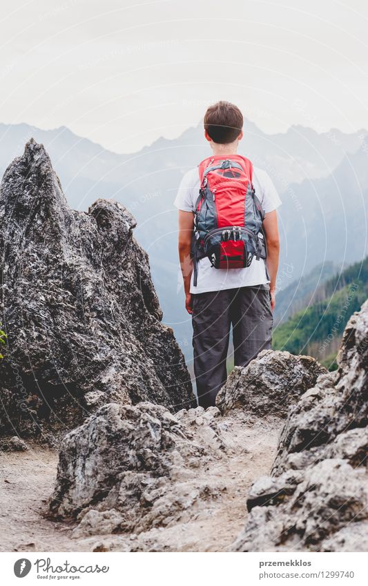 Junge, der auf einem Felsen in den Bergen steht und auf ein Tal blickt Ferien & Urlaub & Reisen Abenteuer Sommer Berge u. Gebirge wandern Kind 1 Mensch