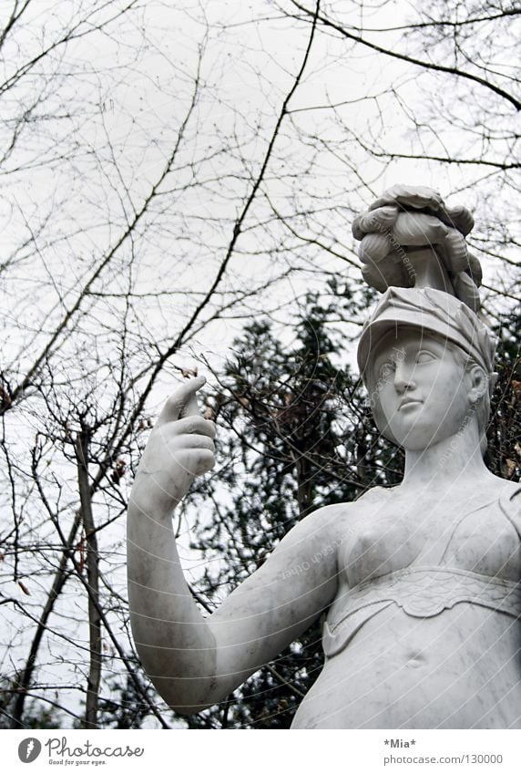 blind Statue Baum Geäst Sträucher dunkel grau schwarz weiß Frau haltend Helm Ast Zweig Himmel hell Blick Arme