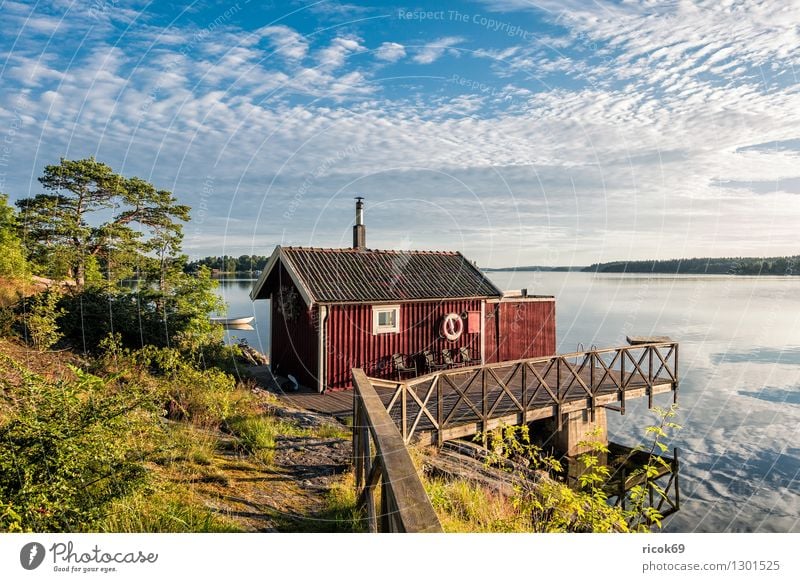 Schärengarten an der schwedischen Küste Erholung Ferien & Urlaub & Reisen Tourismus Insel Natur Landschaft Wolken Baum Ostsee blau grün Schweden Holzhaus