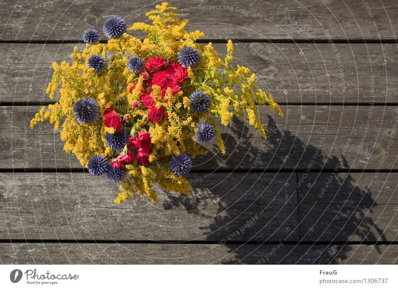 ein letzter Sommergruß Blume Blumenstrauß Sommerstrauß Rose Kugeldisteln Holzbrett blau gelb rot Leben Farbe Schatten verwittert mehrfarbig Außenaufnahme