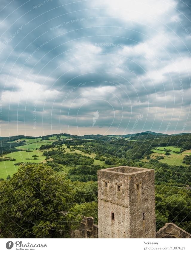 Über der Eifel... Natur Landschaft Pflanze Himmel Wolken Sommer Wetter schlechtes Wetter Baum Wiese Feld Wald Burg oder Schloss Ruine hoch Ferne Turm Mauer