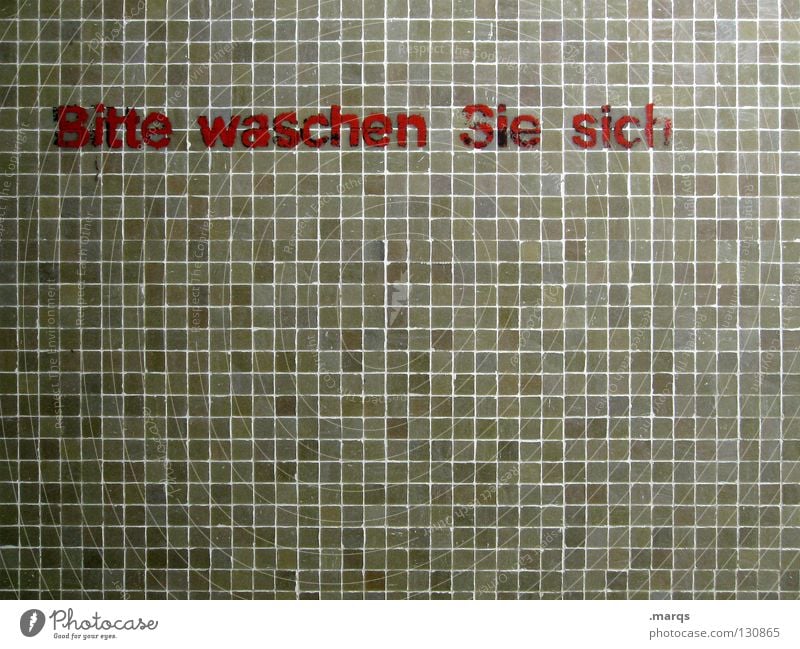 mit Seife Wand Mosaik Strukturen & Formen braun rot dunkel Schriftzeichen Typographie Buchstaben Wort Wunsch fordern auffordern Vorschrift Sauberkeit