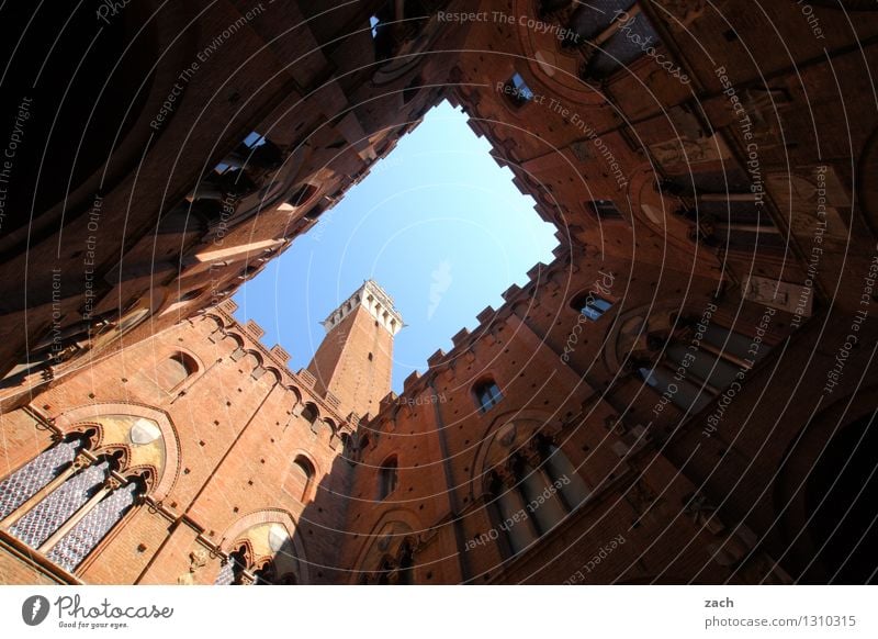 Innereien Städtereise Himmel Schönes Wetter Siena Italien Toskana Stadt Stadtzentrum Altstadt Haus Religion & Glaube Kirche Palast Marktplatz Turm Bauwerk