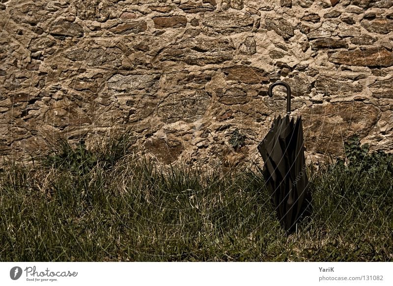 pause Wand Mauer Steinmauer Steinwand Gras Wiese grün braun schwarz verfallen Verfall dunkel Freude regenschrim Regenschirm Kontrast alt