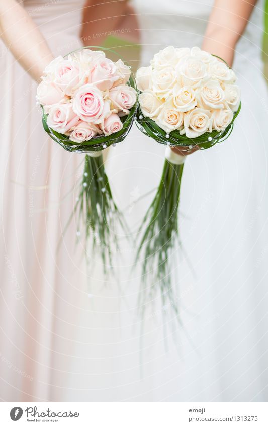 Rosen feminin Junge Frau Jugendliche 2 Mensch Pflanze Blume hell rosa weiß Braut Blumenstrauß Hochzeit Farbfoto Außenaufnahme Detailaufnahme Tag