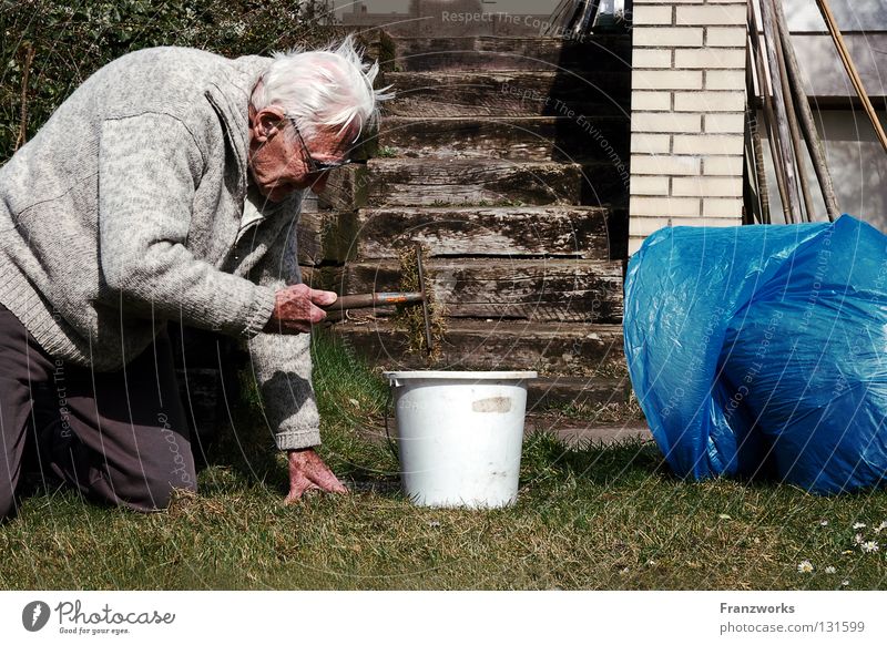 gibt noch viel... Großvater Brille Gartenarbeit Müllsack Eimer Gras hocken Harke Kraft robust Park alt Mannn Treppe knien harken Freude schmonzetten-punkette