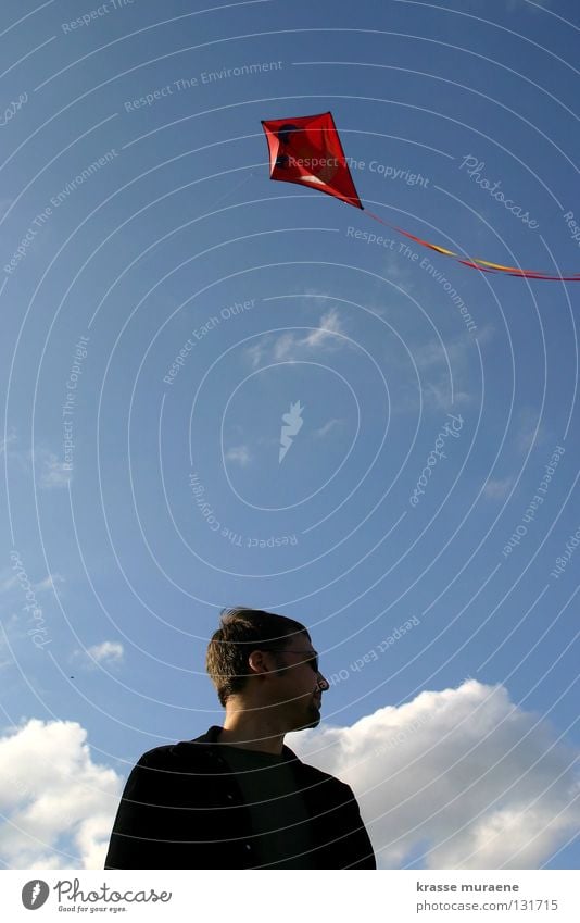 Der schwarze Rächer Wolken Herbst Drache Mann Erinnerung steigen rot weiß Freude Spielen Himmel Wind Mensch Freiheit Blick Niveau Luftverkehr hoch fliegen blau