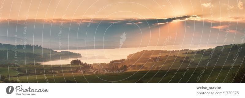 Morgen auf dem See Natur Landschaft Erde Luft Wasser Himmel Wolken Sonnenaufgang Sonnenuntergang Herbst Wetter Schönes Wetter Pflanze Baum Wiese Feld Hügel