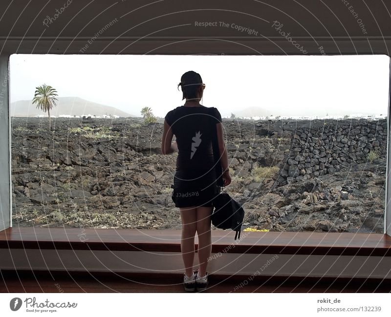 Aussicht Fenster Blick Lava Ausbruch Mitte Haus Palme Lanzarote Frau Junge Frau genießen Aussehen Freude Tasche schwarz braun Ödland schön César Manrique