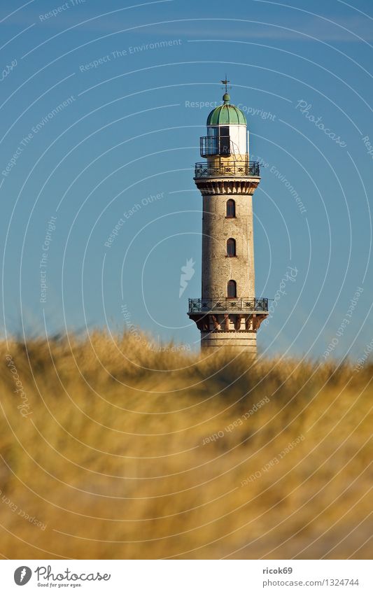 Leuchtturm Natur Landschaft Wolken Gras Küste Turm Architektur Wahrzeichen blau gelb Ferien & Urlaub & Reisen Tourismus Warnemünde Himmel Düne Dünengras sonnig