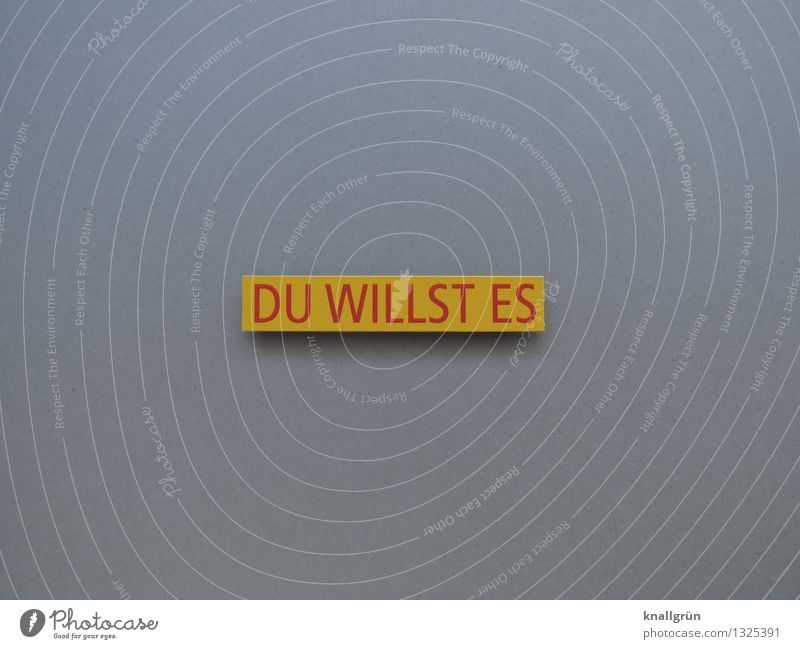 DU WILLST ES Schriftzeichen Schilder & Markierungen Kommunizieren eckig gelb grau rot Gefühle Stimmung Vorfreude Willensstärke Mut Ausdauer Energie