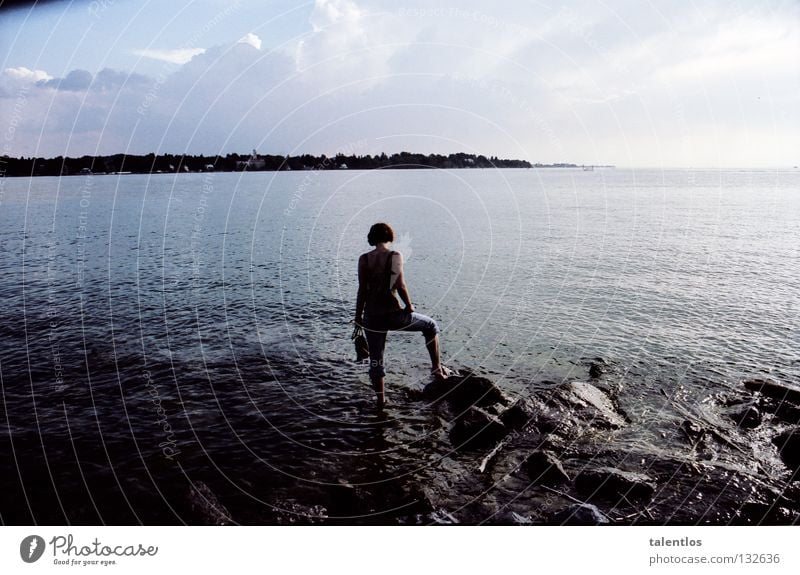 seeblick Sommer See Meer Abendsonne Frau Brandung Romantik Trauer Denken Verzweiflung Bodensee abend wasser. blau Küste Stein Traurigkeit